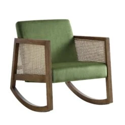 Fyne Moss Green Velvet Rocking Armchair With Rattan Armrests -Daals Shop ACH 40 GREEN WALN WB1