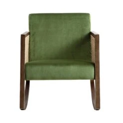 Fyne Moss Green Velvet Rocking Armchair With Rattan Armrests -Daals Shop ACH 40 GREEN WALN WB2