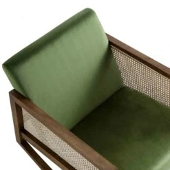 Fyne Moss Green Velvet Rocking Armchair With Rattan Armrests -Daals Shop ACH 40 GREEN WALN detail1