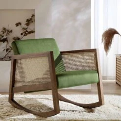 Fyne Moss Green Velvet Rocking Armchair With Rattan Armrests