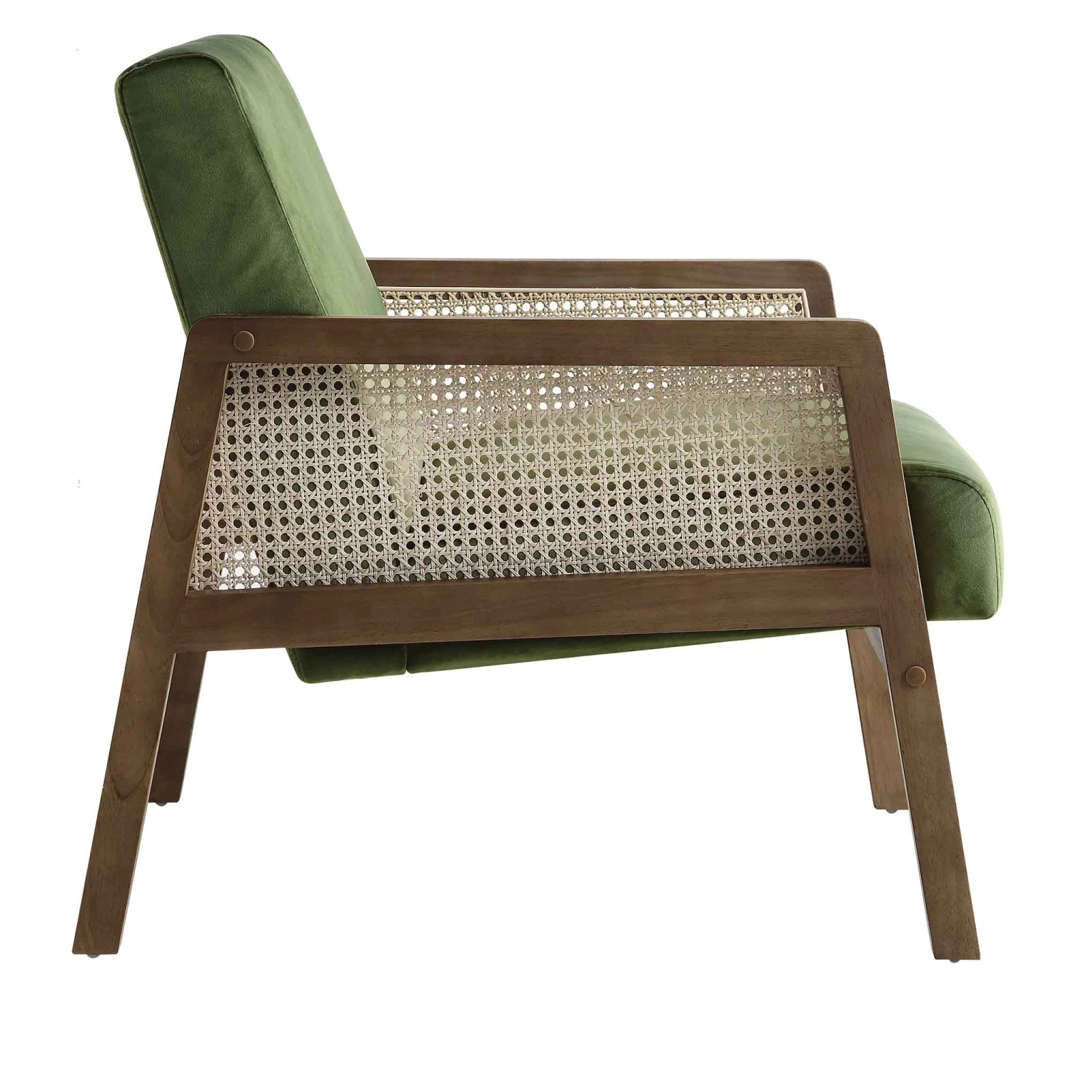 Fyne Moss Green Velvet Walnut Frame Rattan Armchair 6 Fyne Moss Green Velvet Walnut Frame Rattan Armchair - Image 6