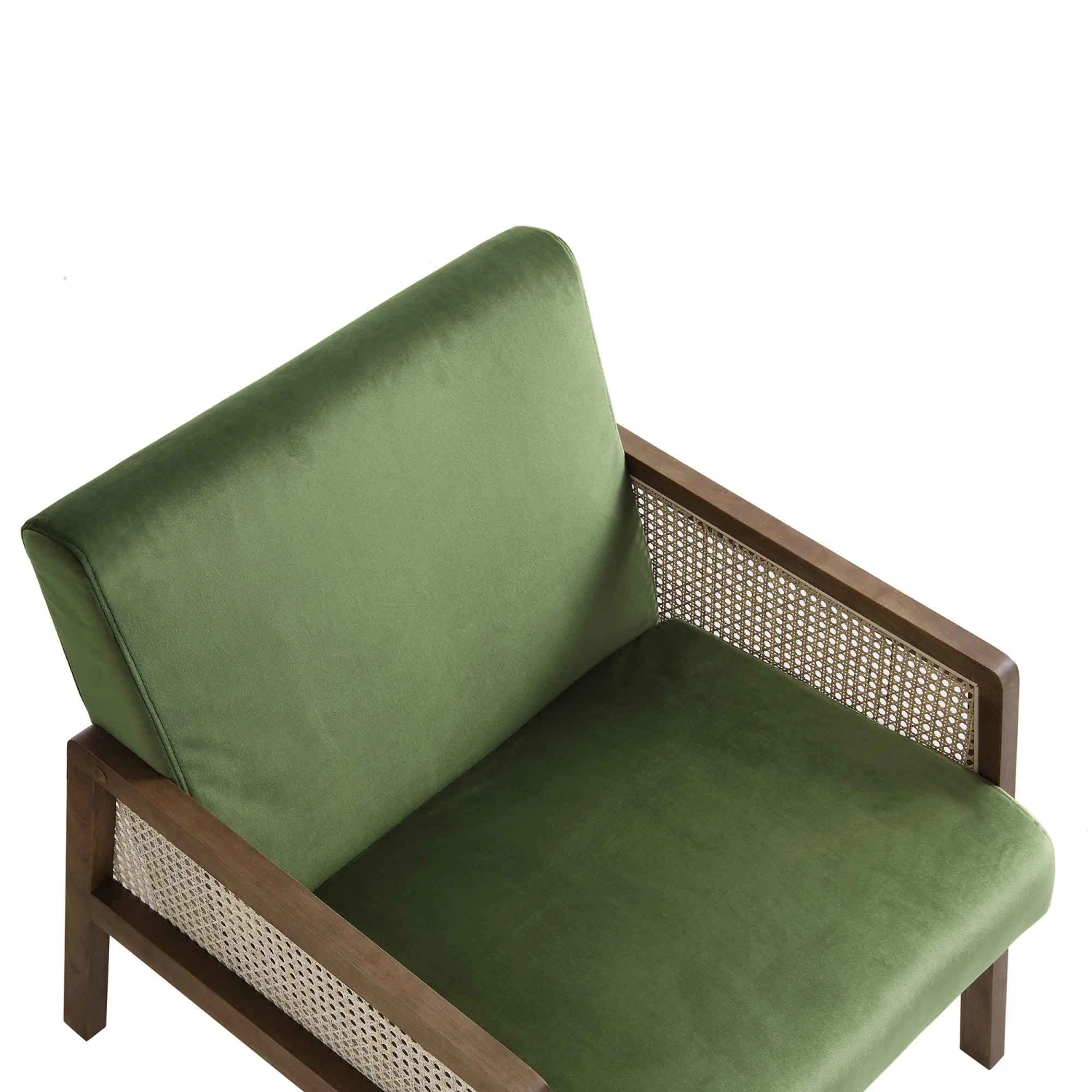 Fyne Moss Green Velvet Walnut Frame Rattan Armchair 9 Fyne Moss Green Velvet Walnut Frame Rattan Armchair - Image 9