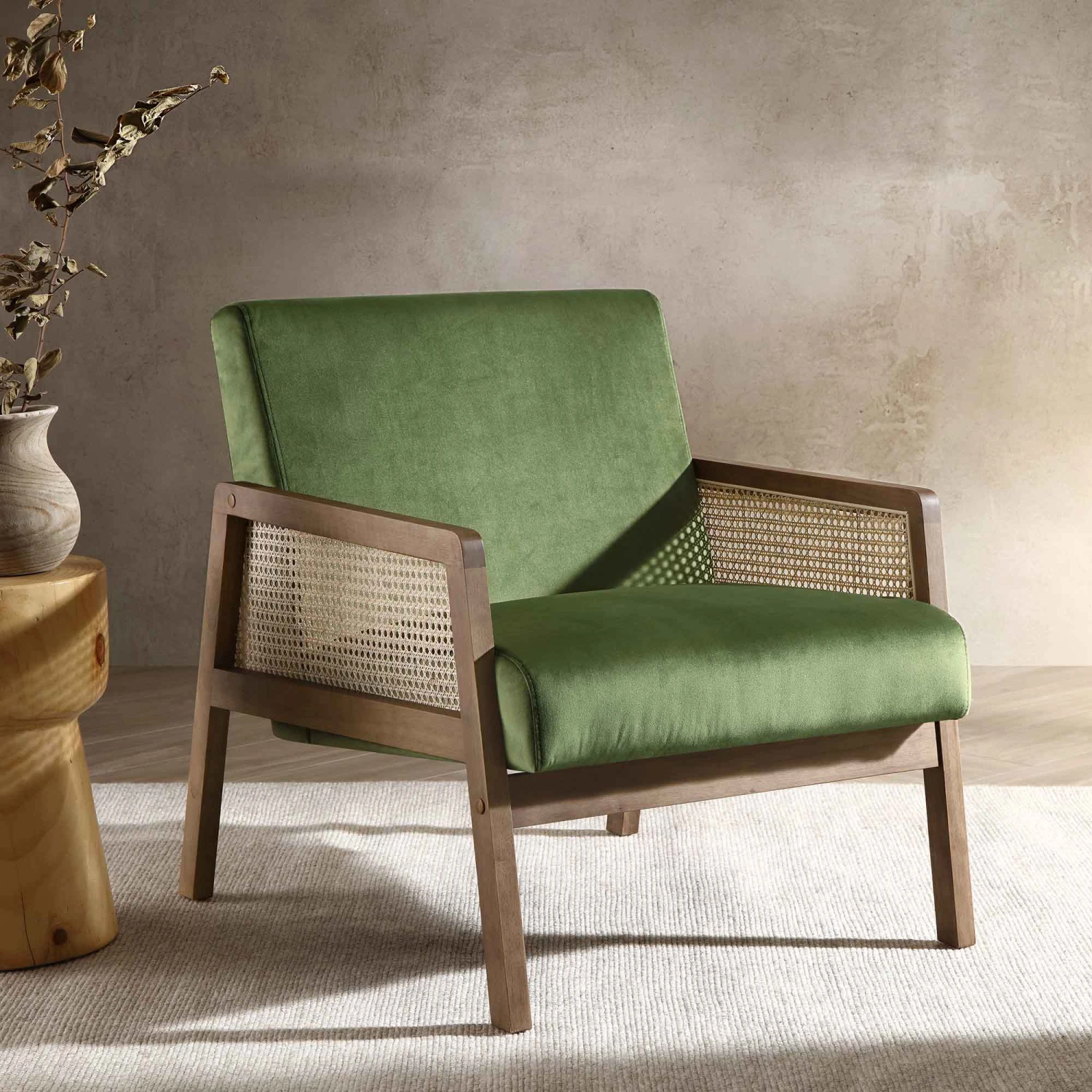 Fyne Moss Green Velvet Walnut Frame Rattan Armchair 1 Fyne Moss Green Velvet Walnut Frame Rattan Armchair