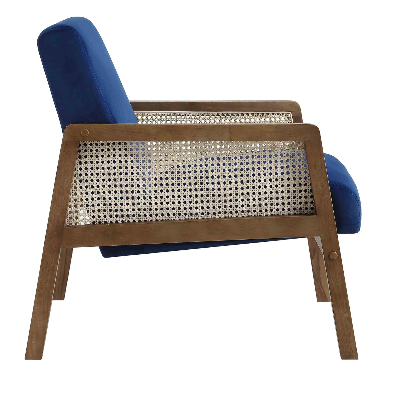 Fyne Navy Blue Velvet Walnut Frame Rattan Armchair 6 Fyne Navy Blue Velvet Walnut Frame Rattan Armchair - Image 6