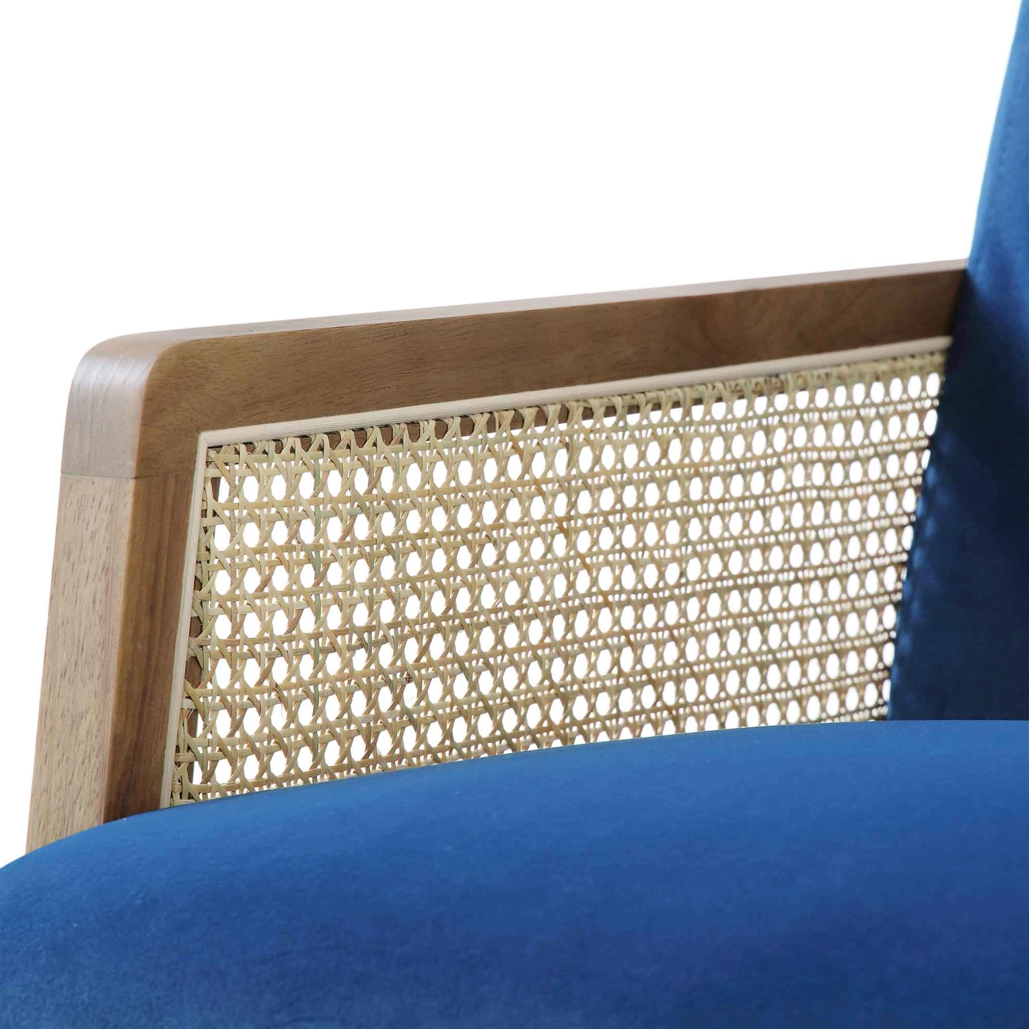 Fyne Navy Blue Velvet Walnut Frame Rattan Armchair 10 Fyne Navy Blue Velvet Walnut Frame Rattan Armchair - Image 10