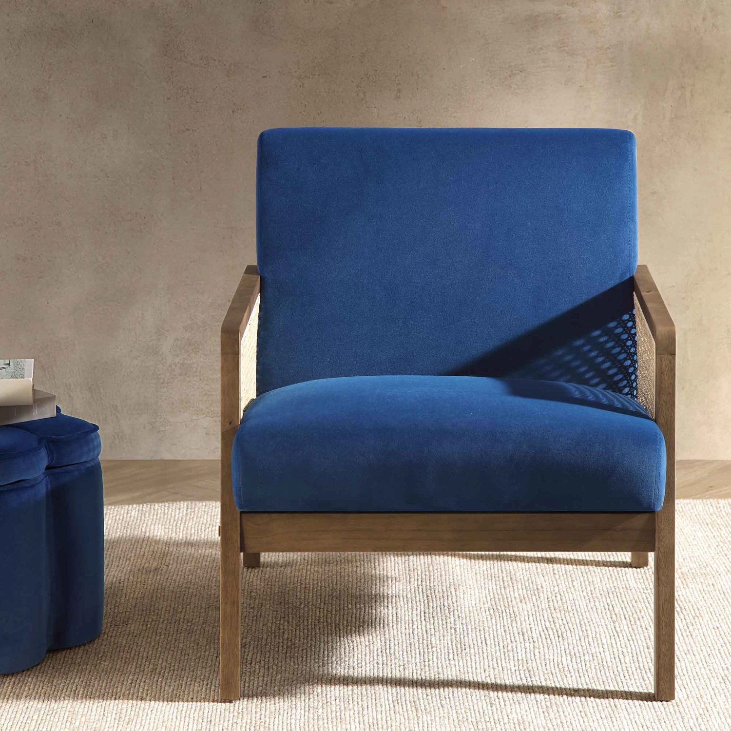 Fyne Navy Blue Velvet Walnut Frame Rattan Armchair 2 Fyne Navy Blue Velvet Walnut Frame Rattan Armchair - Image 2