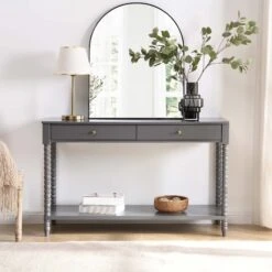 Aldwinke Dark Grey Bobbin 2 Drawer Large Console Table