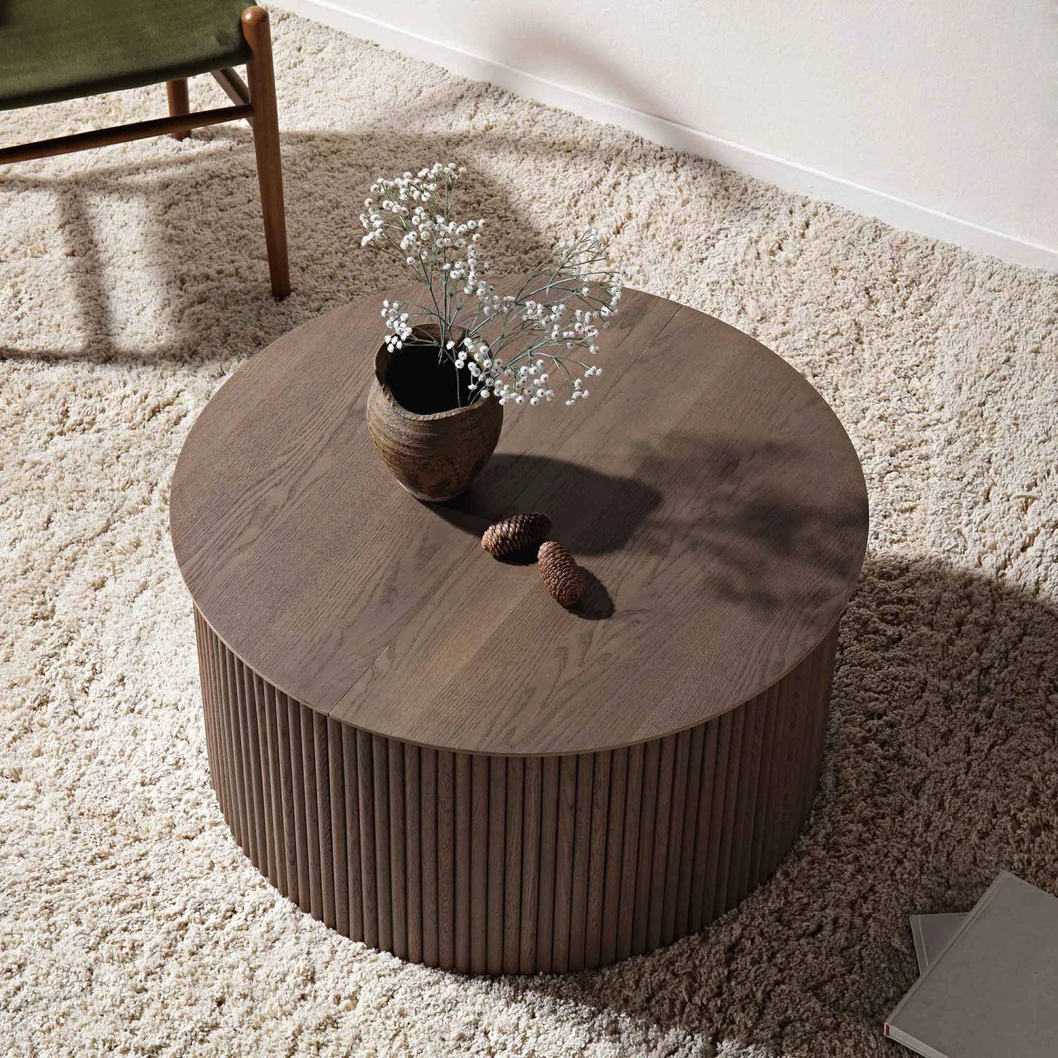 Maru Oak Round Coffee Table With Storage, Silver Oak 2 Maru Oak Round Coffee Table With Storage, Silver Oak - Image 2