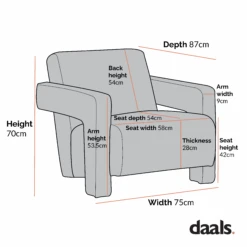 Brompton Sculptural Armchair, Rust Velvet -Daals Shop Dimensional Drawings June 2023 ACH 2163 5e7b24fc 44e1 4d4e b844 1fc928572520