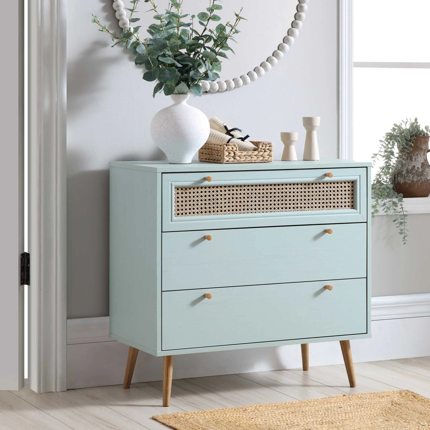 Anya Woven Rattan Chest Of 3 Drawer In Mint Colour 1 Anya Woven Rattan Chest Of 3 Drawer In Mint Colour
