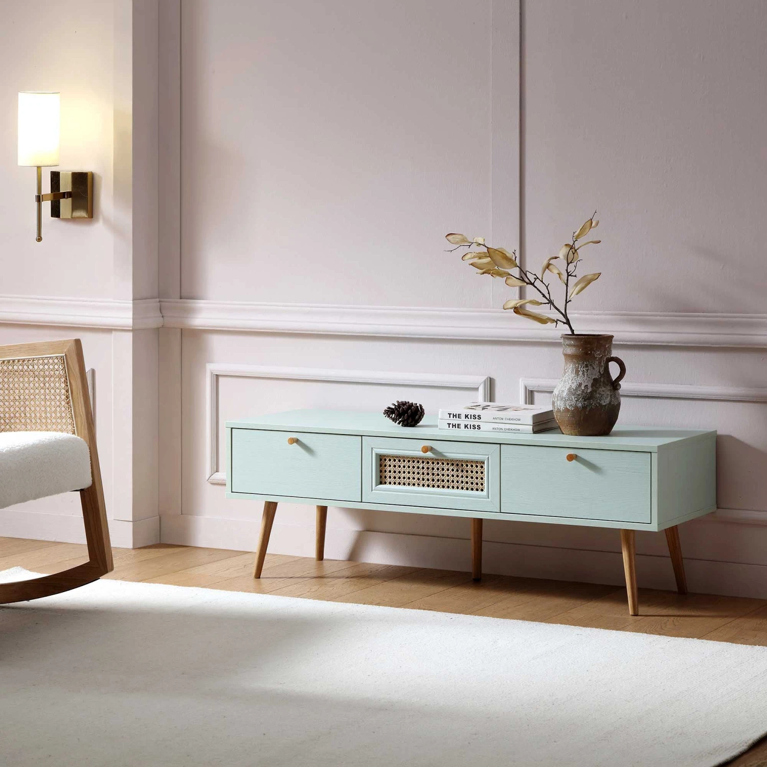 Anya Woven Rattan 3-Drawer TV Unit In Mint 1 Anya Woven Rattan 3-Drawer TV Unit In Mint