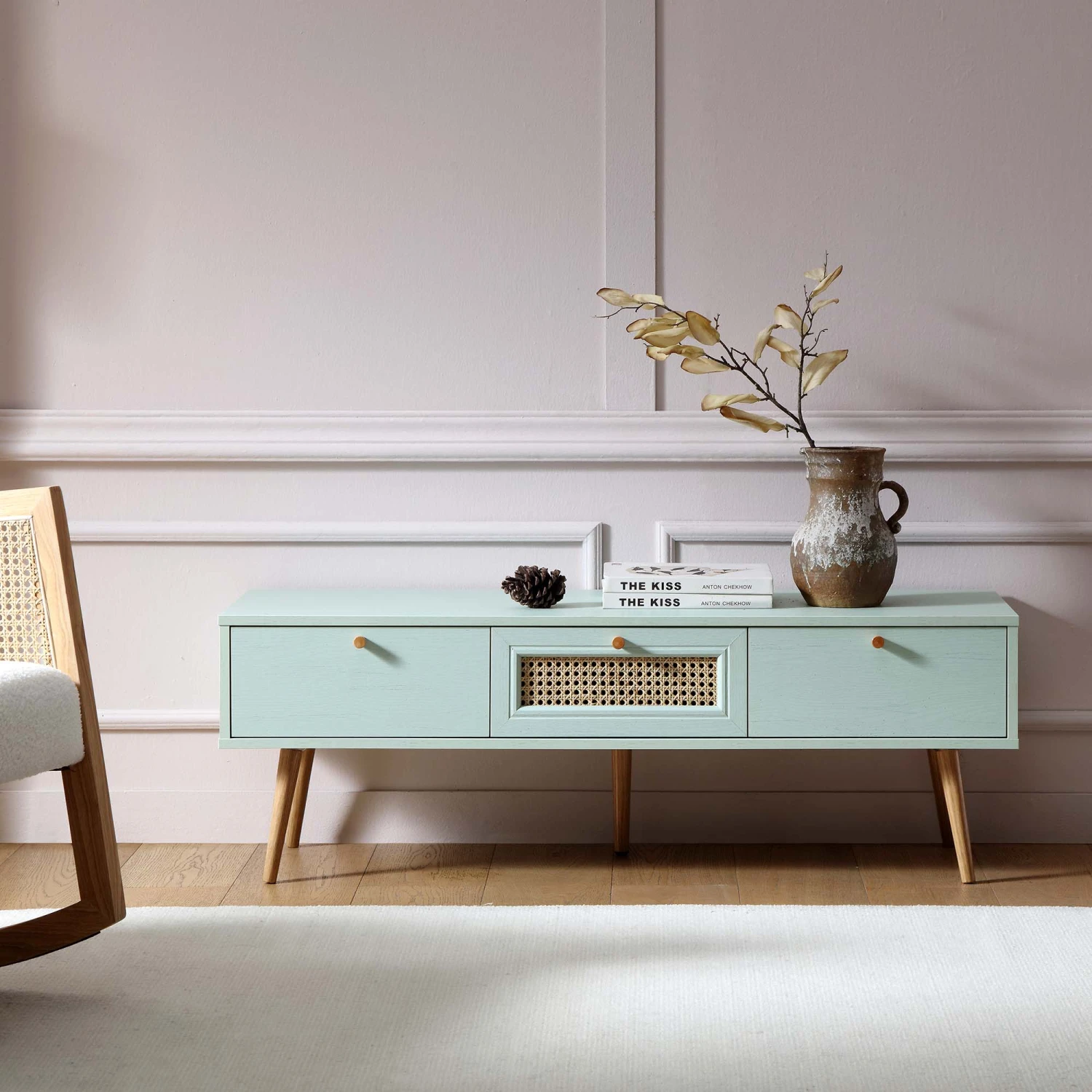 Anya Woven Rattan 3-Drawer TV Unit In Mint 2 Anya Woven Rattan 3-Drawer TV Unit In Mint - Image 2