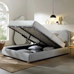 Egerie Curved Headboard Mist Grey Boucle Ottoman Storage Bed -Daals Shop JAH 011 GREY BOUCLE scene2