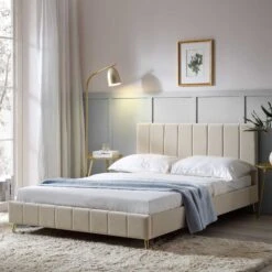 Sylvie Velvet Upholstered Bed Frame With Golden Chrome Legs, Champagne Velvet