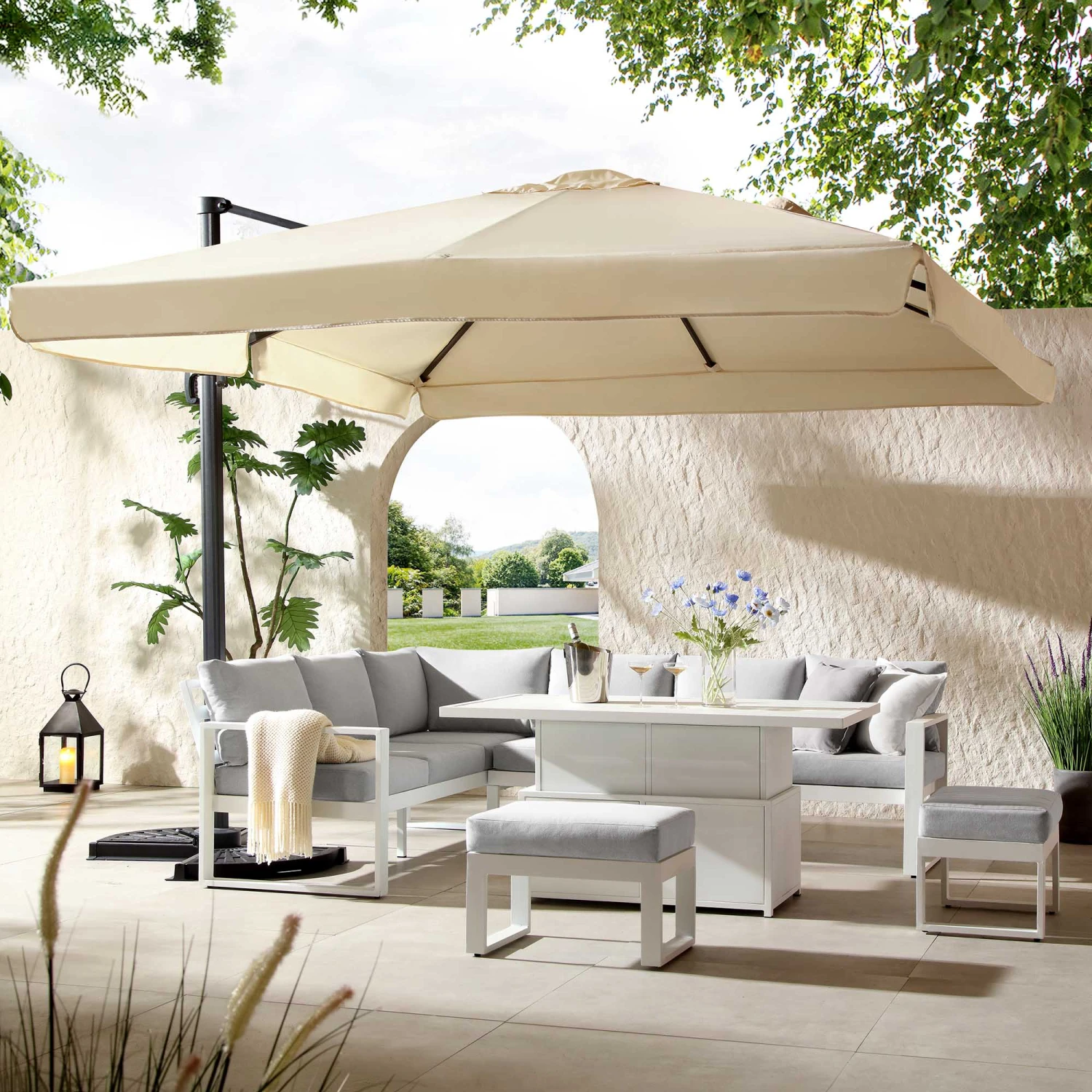 Albany Aluminium Large Corner Casual Dining Set With Rising Table, White 1 Albany Aluminium Large Corner Casual Dining Set With Rising Table, White