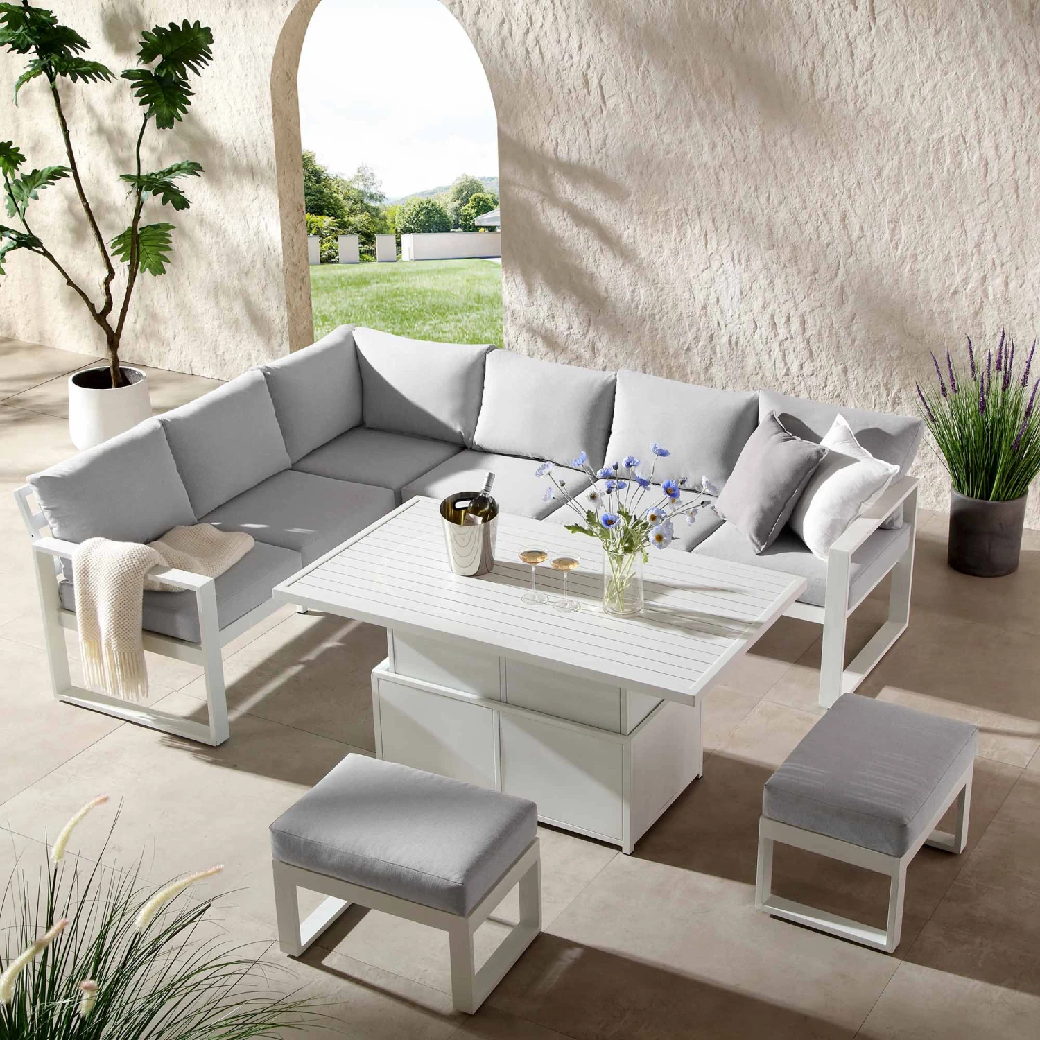 Albany Aluminium Large Corner Casual Dining Set With Rising Table, White 2 Albany Aluminium Large Corner Casual Dining Set With Rising Table, White - Image 2