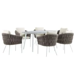 Montebello 6-Seater Outdoor Taupe Rope And Aluminium Oval Dining Set With White Ceramic Dining Table -Daals Shop OD DINE 1072 WHITE WB4