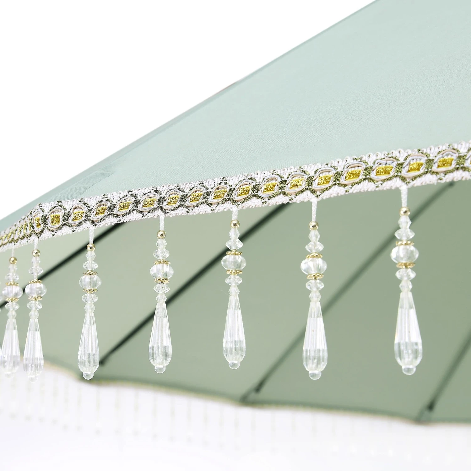 Hacienda 2.4M Sage Green Beaded Carousel Garden Parasol With Fringe Tassels And Aluminium Tilt 6 Hacienda 2.4M Sage Green Beaded Carousel Garden Parasol With Fringe Tassels And Aluminium Tilt - Image 6