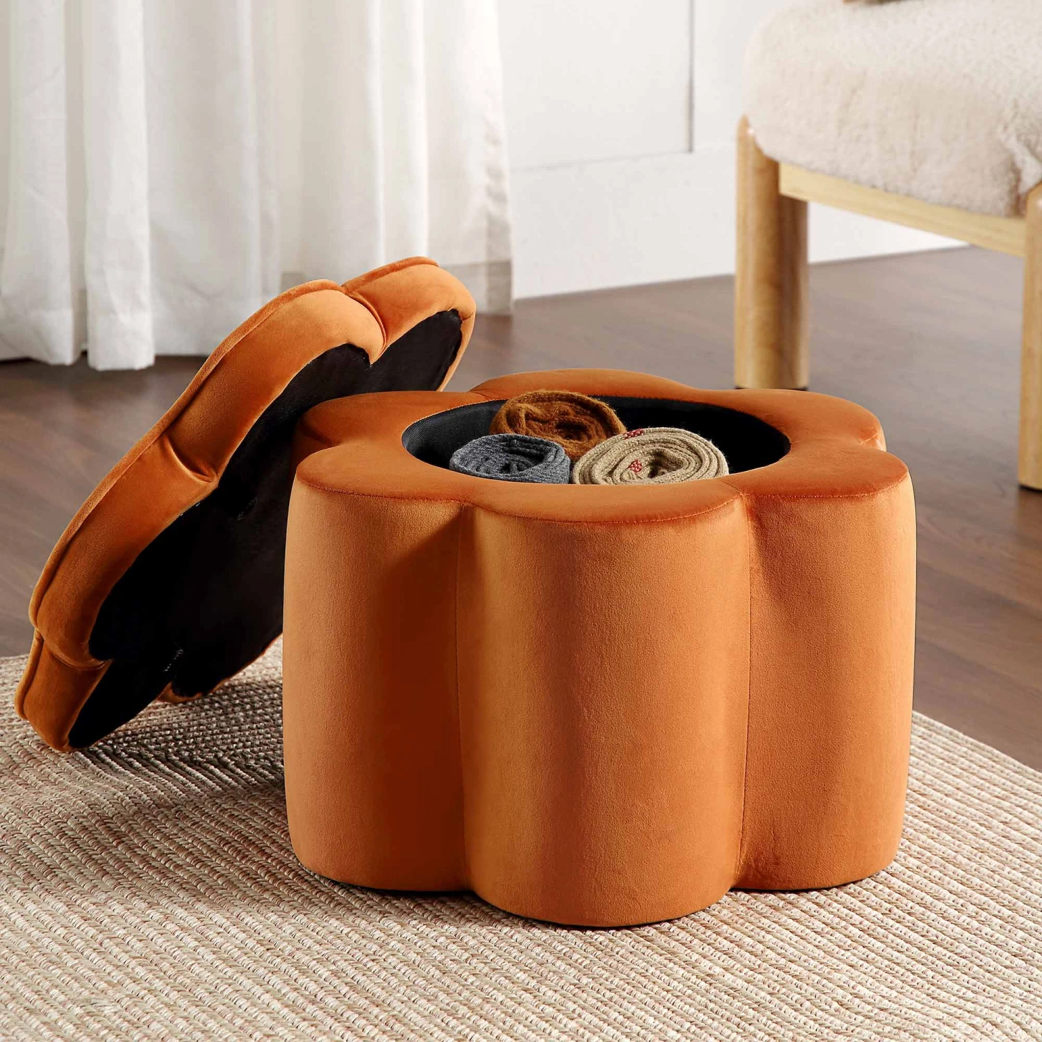 Pollie Orange Velvet Storage Stool 2 Pollie Orange Velvet Storage Stool - Image 2