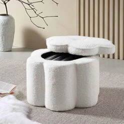 Pollie White Teddy Boucle Storage Stool -Daals Shop POUF 291 WHITE TEDDY scene1