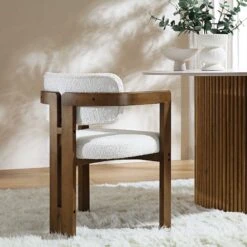 Stanford Curved Oak Frame Upholstered Chair, White Boucle Light Walnut Frame -Daals Shop XNDCH 727 WHITE BOUCLE scene1