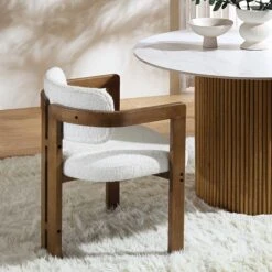 Stanford Curved Oak Frame Upholstered Chair, White Boucle Light Walnut Frame -Daals Shop XNDCH 727 WHITE BOUCLE scene3