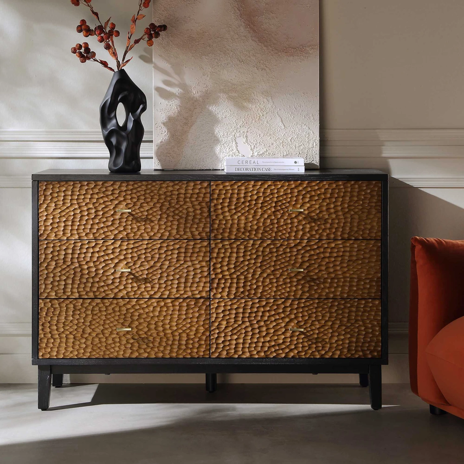 Bianca Chip Carved 6 Drawer Chest, Antique Bronze & Black 2 Bianca Chip Carved 6 Drawer Chest, Antique Bronze & Black - Image 2