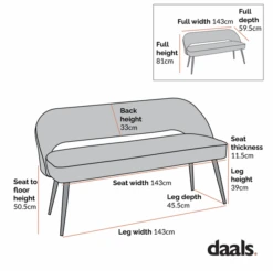 Oakley Dark Green Velvet Upholstered 3 Seater Dining Bench With Contrast Piping -Daals Shop dimensional drawings SEPT 2022 DCH 2147 600x 416c1544 802d 4f75 bf94 1ba996613ca1